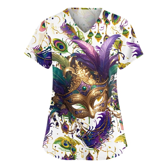 Hearthz Mardi Gras Women Scrub Top Fat Tuesday Carnival Women's Shirts V Neck Short Sleeve Nurses Working Uniforms with Pocket S-5XL