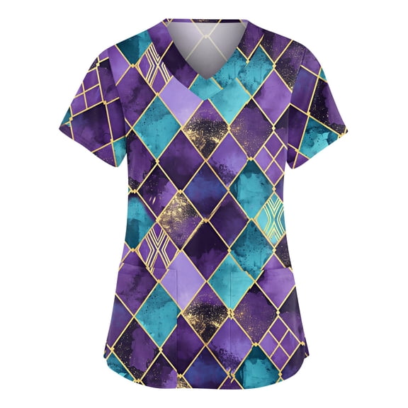 Hearthz Mardi Gras Women Scrub Tops Fat Tuesday Carnival Shirts for Women V Neck Short Sleeve Nurse Working Uniforms with Pocket S-5XL