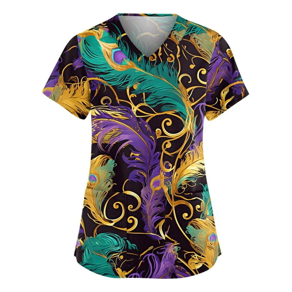 Hearthz Mardi Gras Womens Scrub Tops Fat Tuesday Carnival Tops for Women V Neck Short Sleeve Nurse Uniforms with Pocket S-5XL