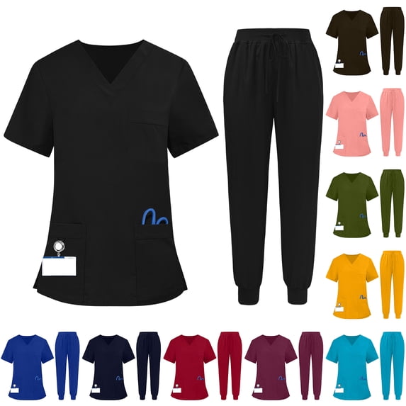 Hearthz Medical Scrubs Top and Pants Stretch V-Neck Top and Cargo Pant Scrub Set Scrub Set for Women