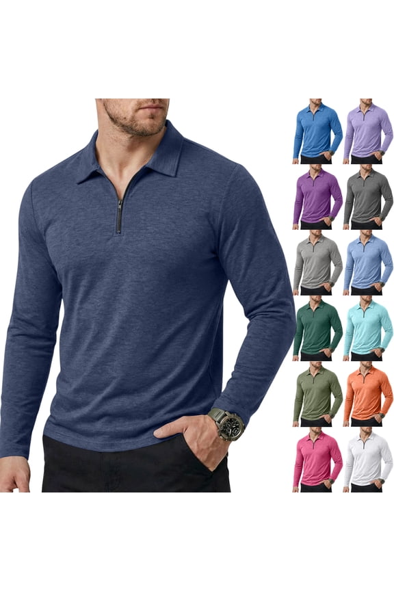 Men Polo Shirt Quarter Zip Men's Long Sleeve Tee Shirts Casual Slim Fit Lapel Collar Men Workout Shirts ,Dark Gray M