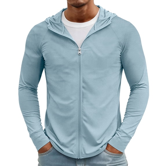 Hearthz Men UPF 50+ UV Protection Jackets Full Zip Sun Protection Quick Dry Long Sleeve Sun Protection Fishing Shirts Zip Pockets Blue L