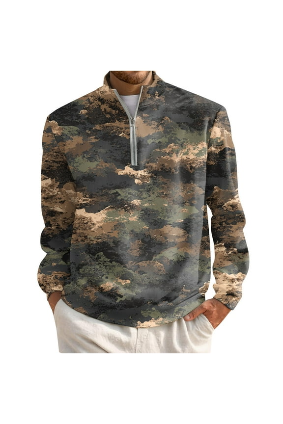 Men's 1/4 Zip Up Pullover Long Sleeve Mock Neck Men's Sweatshirt Camo Waffle Knit Casual Polo Half Zipper Pullover Men