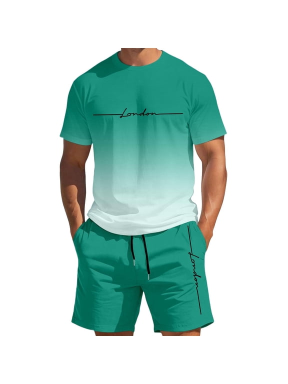 Men's 2 Piece Set Summer Outfits Gradient Men Short Sleeve Shirt and Shorts Set Athletic Casual Athletic Tracksuit for Summer
