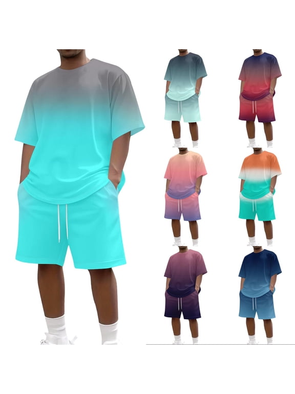 Men's 2 Piece Set Summer Outfits Gradient Summer Men's Short Sleeve T-Shirt & Shorts Set Workout Casual Athletic Tracksuit for Summer