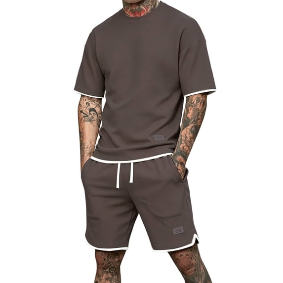 Hearthz Men's 2 Piece Set Summer Outfits Waffle Knit Men's Short Sleeve T-Shirt & Shorts Set Workout Casual Beach Outfit Two Piece Summer Set Coffee XXL