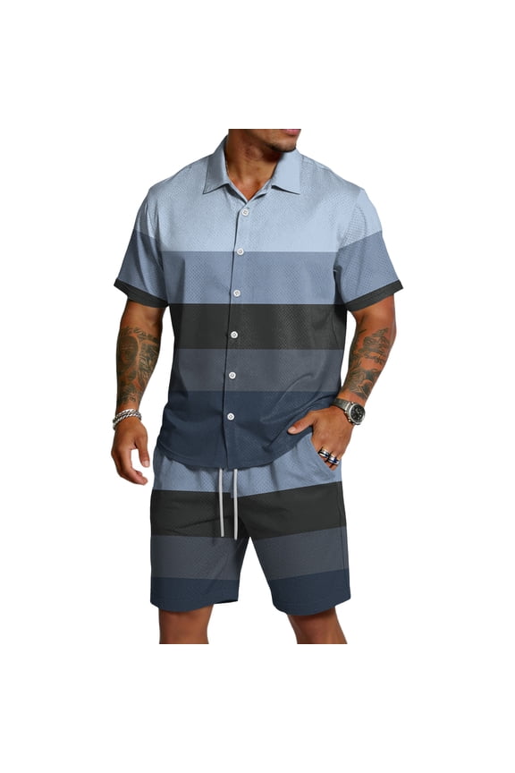 Men's 2 Piece Short Sets Striped Print Short Sleeve Button Down Shirt and Shorts Set Summer Tracksuit with Pockets