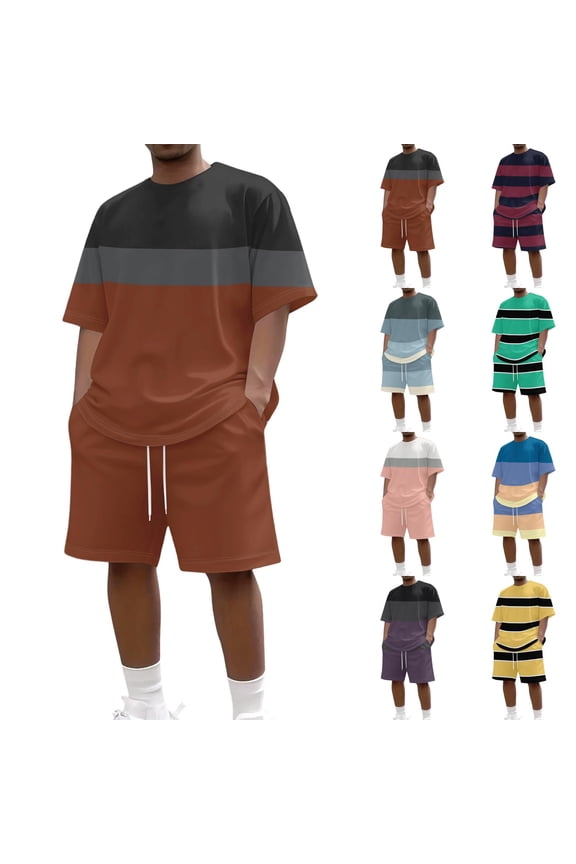 Men's 2 Piece Short Sets Striped Summer Two Piece Summer T Shirt & Shorts Set Athletic Casual Beach Outfit Two Piece Summer Set