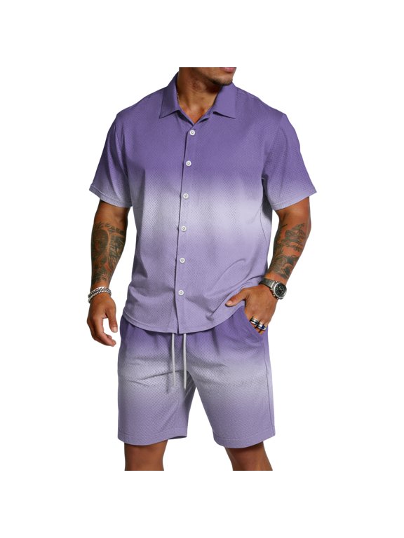 Men's 2 Piece Shorts Sets Gradient Print Short Sleeve Shirts and Shorts Summer Vacation Outfits for Men with Pockets