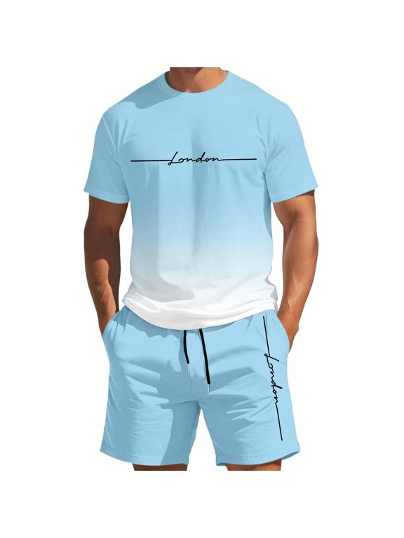 Men's 2 Pieces Casual Beach Outfits Gradient Two Piece Summer T Shirt & Shorts Set Workout 2 Piece Fashion Summer Tracksuits