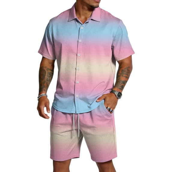 Hearthz Men's 2 Pieces Outfits Gradient Print Short Sleeve Button Down Shirt and Beach Shorts Set Summer Tracksuit with Pockets