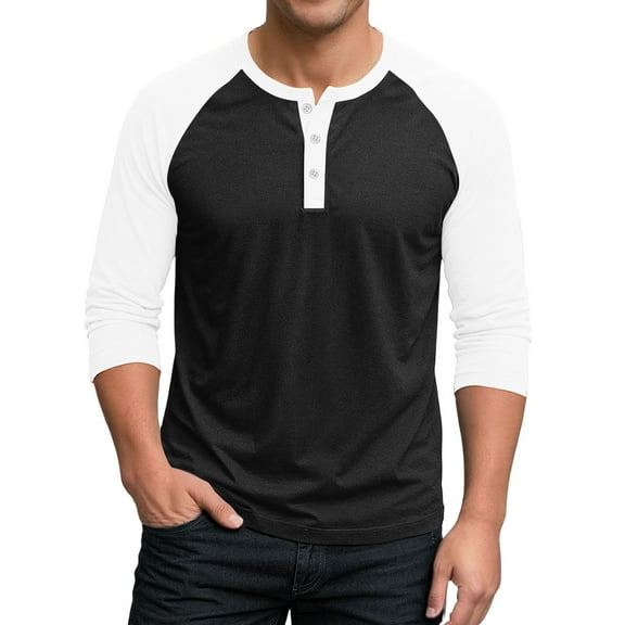 Hearthz Men's 3/4 Sleeve Baseball Raglan T-Shirts S-3XL,Big and Tall Henley Tops Cotton Sport Athletic Jersey Tee Shirt ,Black L
