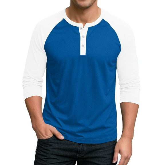 Hearthz Men's 3/4 Sleeve Baseball Raglan T-Shirts S-3XL,Big and Tall Henley Tops Cotton Sport Athletic Jersey Tee Shirt ,Blue XL