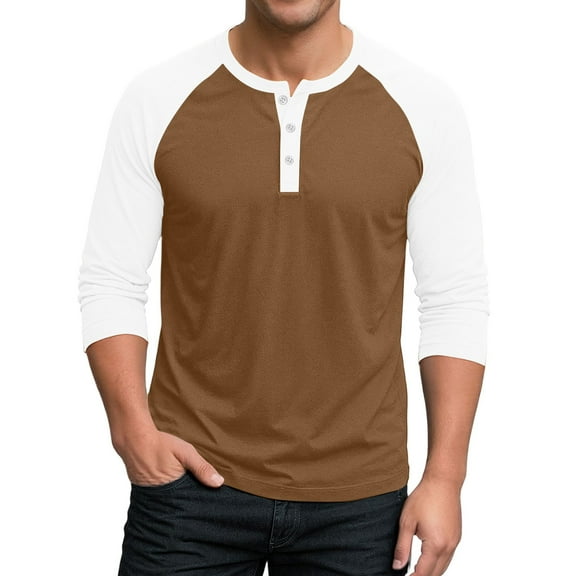 Hearthz Men's 3/4 Sleeve Baseball Raglan T-Shirts S-3XL,Big and Tall Henley Tops Cotton Sport Athletic Jersey Tee Shirt ,Light Brown S