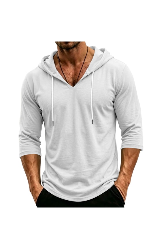 Men’s 3/4 Sleeve V-Neck Hooded T-Shirt Drawstring Lightweight Hoodie Men Soft Summer Fall Mens Sweatshirts White L