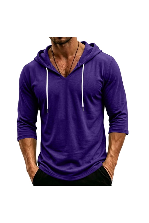 Men’s 3/4 Sleeve V-Neck Hooded T-Shirt Drawstring Lightweight Lightweight Hoodie Men Soft Summer Fall Mens Oversized Sweatshirt Dark Purple M