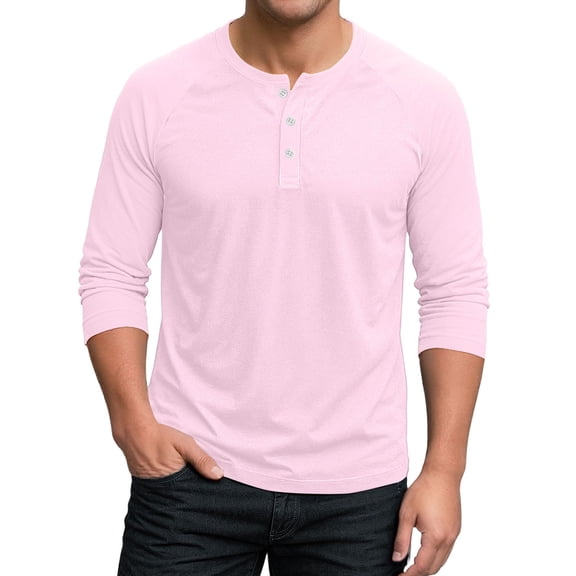 Hearthz Men's Baseball T-Shirts 3/4 Sleeve V Neck Button Up Henley Baseball Jersey Men Mens Casual Slim Fit T-Shirts Henley Shirts ,Pink M