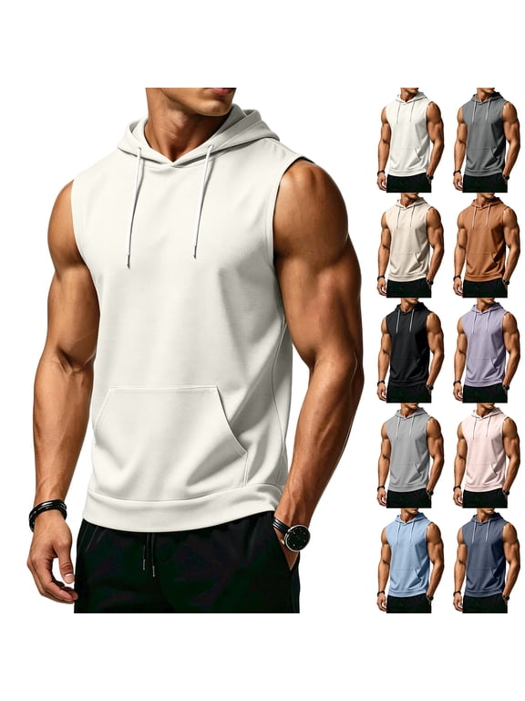Men's Big & Tall Workout Hooded Tank Tops Bodybuilding Muscle Shirts for Men Sleeveless Running Hoodies for Men with Kangaroo Pocket Black L