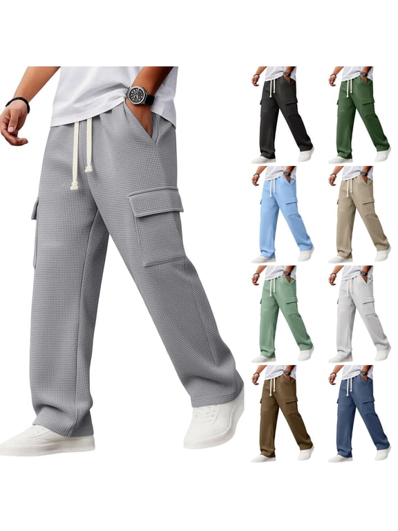 Men’s Cargo Pants Wide Leg Men's Waffle Pants Elastic Waist Drawstring Hiking Work Pants Palazzo Loose Lounge Joggers Black L