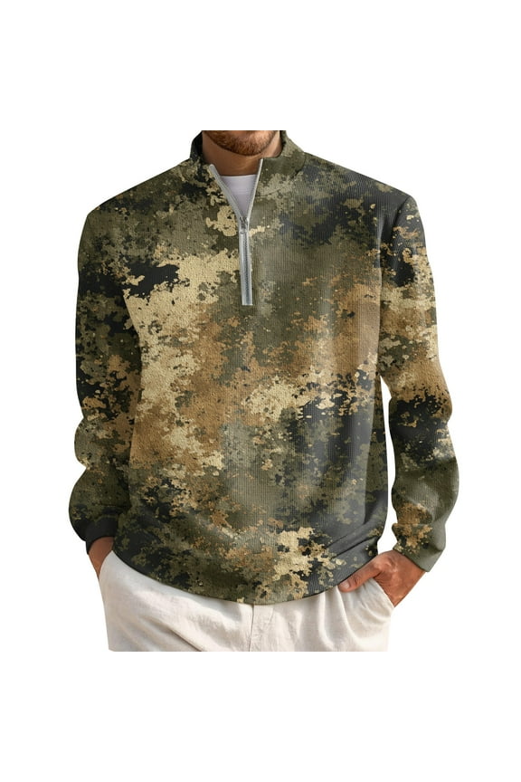 Men's Half-Zip Pullover Long Sleeve Mock Neck Sweatshirt for Men Camo Waffle Knit Casual Polo Half Zip Sweatshirt