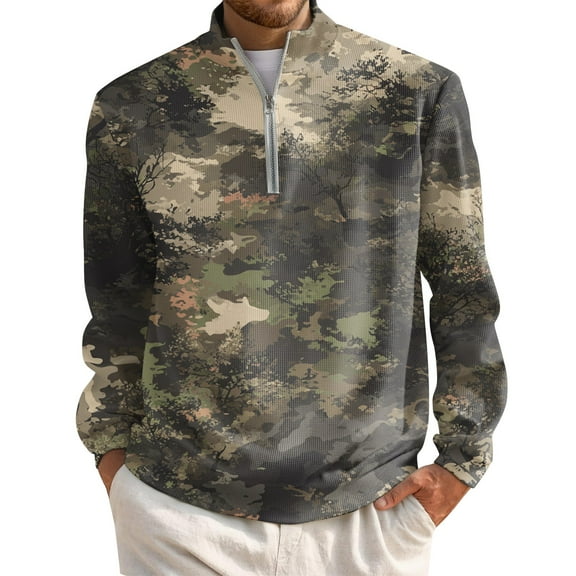 Hearthz Men's Half-Zip Pullover Long Sleeve Mock Neck Sweatshirt for Men Camo Waffle Knit Casual Polo Quarter Zip Pullover Sweatshirts