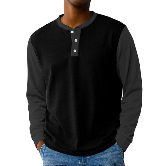 Hearthz Men's Henley Shirts Long Sleeve Fall 3-Button Color Block Shirts for Men Round Neck Baseball Shirts for Men