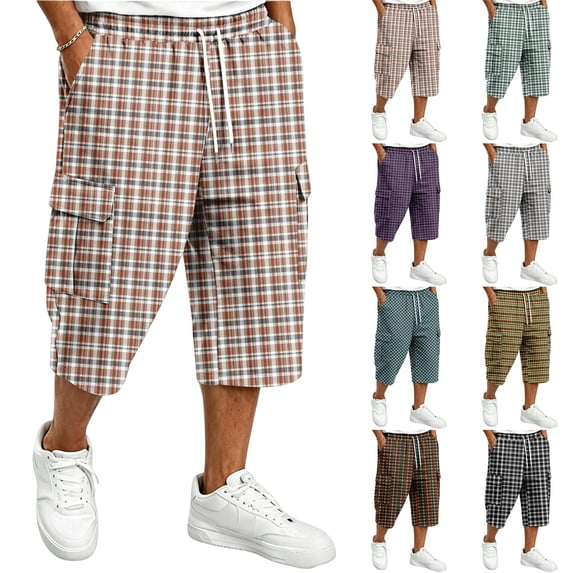 Hearthz Men's Hiking Cargo Shorts Wide Leg Men's Capri Pants Lightweight Gym Basketball Beach Loose 3/4 Shorts Gingham Plaid Cargo Pants for Men