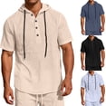 thumbnail image 1 of Hearthz Men’s Linen Blend Hooded Henley Shirts Drawstring Button Short Sleeve Shirt for Men Summer Beach Mens Workout Shirts, 1 of 7