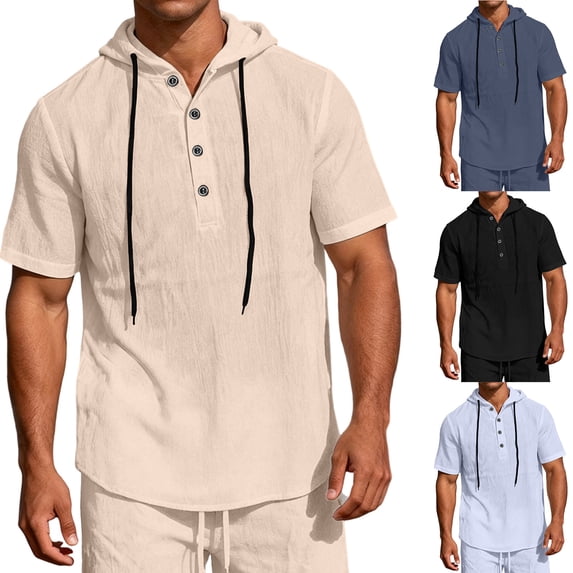 Hearthz Men’s Linen Blend Hooded Henley Shirts Drawstring Button Short Sleeve Shirt for Men Summer Beach Mens Workout Shirts
