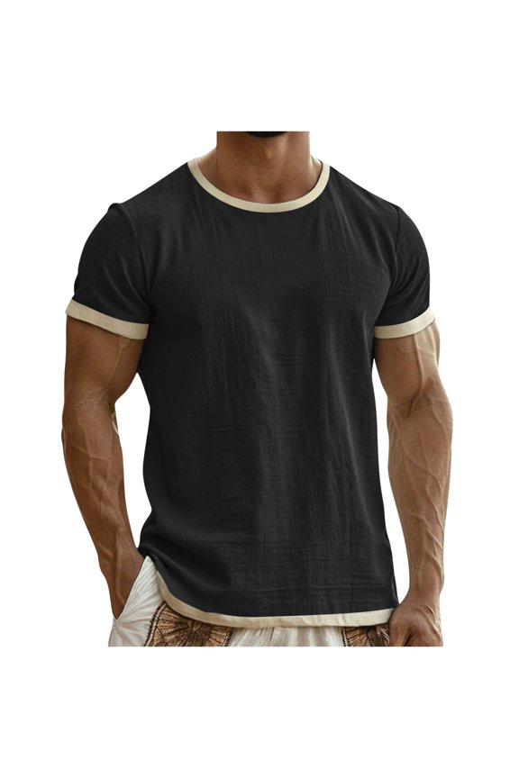Men's Linen Shirts Short Sleeve Mens Shirts Gym Workout Running Basketball Jersey Black L