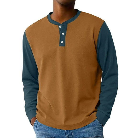 Hearthz Men's Long-Sleeve Henley Shirt Fall 3-Button Color Block Mens Shirts Casual Round Neck Baseball Cotton T Shirts