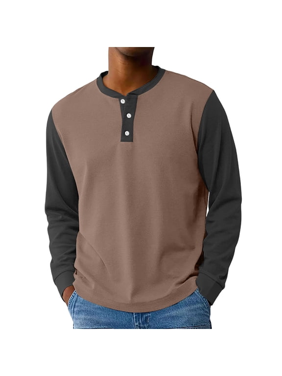 Men's Long Sleeve Henley Shirts Fall 3-Button Color Block Mens T Shirts O Neck Casual Men's Jersey Baseball Shirt