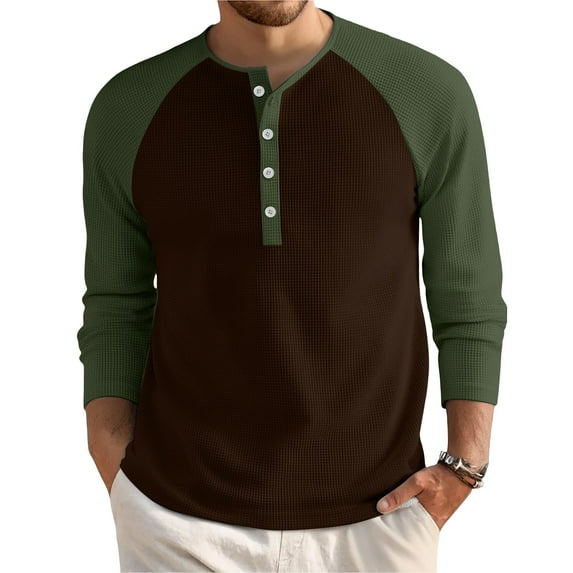 Hearthz Men's Long Sleeve Waffle Henley Color Block Crewneck Raglan Sleeve Fall Pullover Workout Shirts for Men Henley Button Up Men Sweatshirts