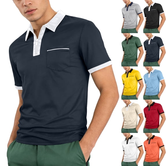 Hearthz Men’s Polo Shirts with Pocket Quarter Zip Men's Short-Sleeve Shirt Business Casual Lapel Collar Men's Hiking Shirts ,Orange XXL
