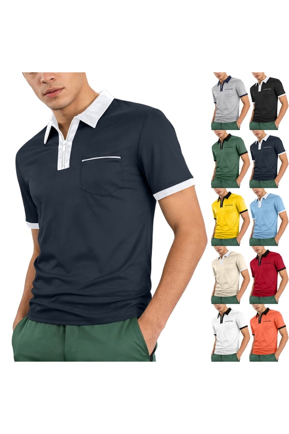 Men's Polo Shirts with Pocket Quarter Zip Men's Short Sleeve Shirts Summer Casual Lapel Collar Workout Shirt for Men ,White XXL