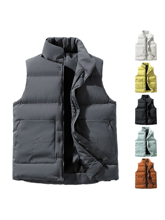 Men's Puffer Vest Flannel Sleeveless Stand Collar Mens Jacket Full Zipper Winter Warm Mens Vest Outerwear with Pocket