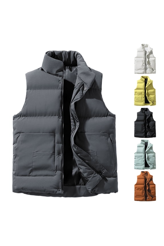 Men's Puffer Vest Flannel Sleeveless Stand Collar Mens Jacket Full Zipper Winter Warm Mens Vest Outerwear with Pocket