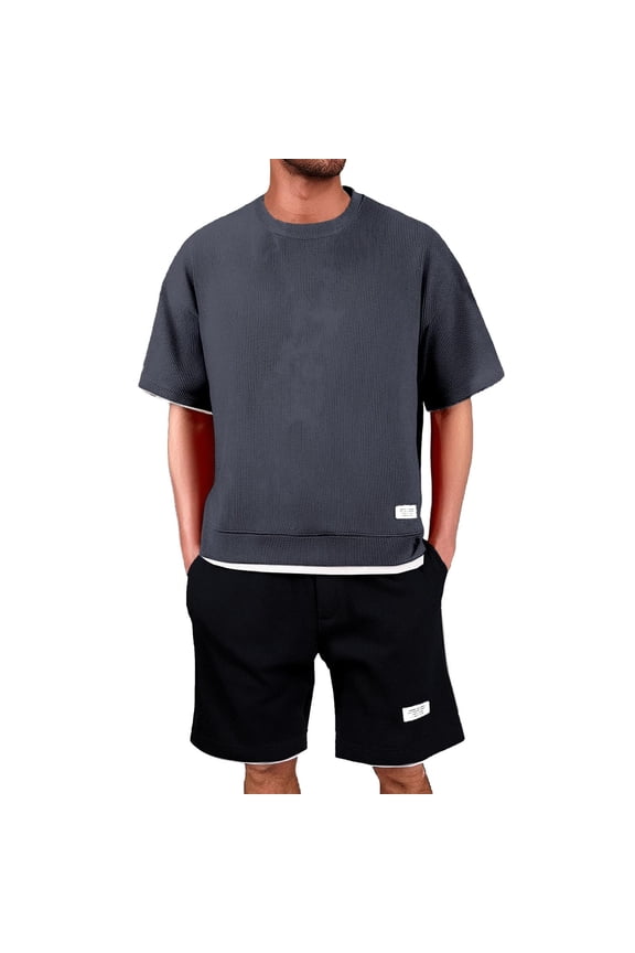 Men's Short Sleeve Tracksuit Waffle Knit Men's Shirt and Shorts Set Athletic Short Sleeve Summer Tracksuits Casual Set Dark Gray M