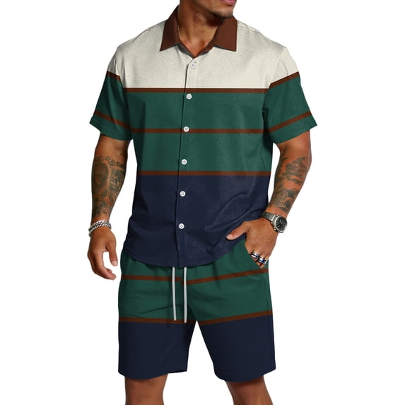 Hearthz Men's Summer 2 Piece Outfits Striped Print Short Sleeve Button Down Shirt and Beach Shorts Set Summer Tracksuits Set with Pockets