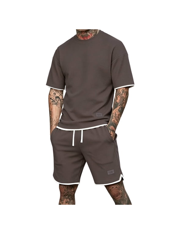 Men's Summer 2 Piece Set Waffle Knit Two Piece Summer T Shirt & Shorts Set Workout Casual Track Shorts Set Coffee L