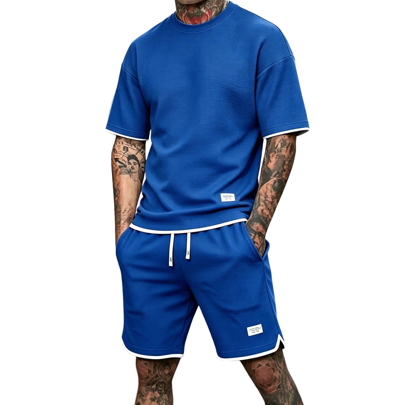 Men's Summer Beach Outfits 2 Piece Waffle Knit Men Short Sleeve Shirt and Shorts Set Workout Short Sleeve Summer Tracksuits Casual Set Royal Blue M