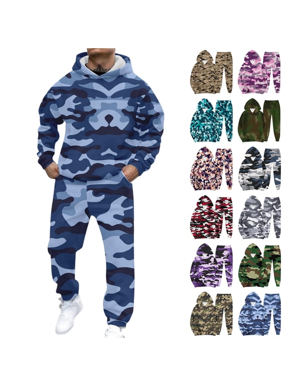 Men's Sweatshirt Suit 2 Piece Outfit Camouflage Fleece Jogging Tracksuits Set Winter Sweatsuit for Men