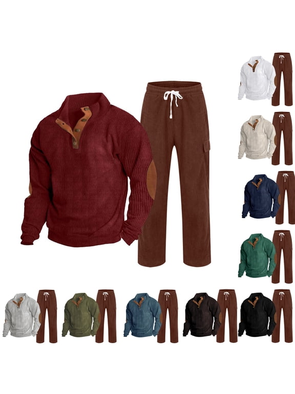 Men's Sweatshirt Suit 2 Piece Outfit Corduroy Button Elbow Patch Henley Shirt and Cargo Pants Fall Winter Athletic Mens Jogging Suits 2 Piece Set