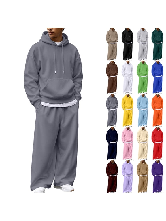 Men's Sweatshirt Suit 2 Piece Outfit Oversized Hooded Sweatshirt and Wide Leg Pants Fall Winter Athletic Men's Sweatsuits 2 Piece Set Navy L