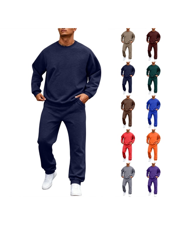 Men's Sweatshirt Suit 2 Piece Outfit Solid Color Long Sleeve Crew Neck Y2k Tracksuit Sweatsuit Set Athletic Mens Sweatsuits 2 Piece Set Light Brown XXXL