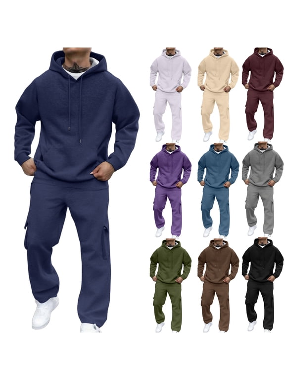Men's Sweatshirt Suit 2 Piece Outfit Winter Fleece Hoodies and Cargo Sweatpants Set Drawstring Elastic Waisted Straight Leg Mens Sweat Set with Pocket