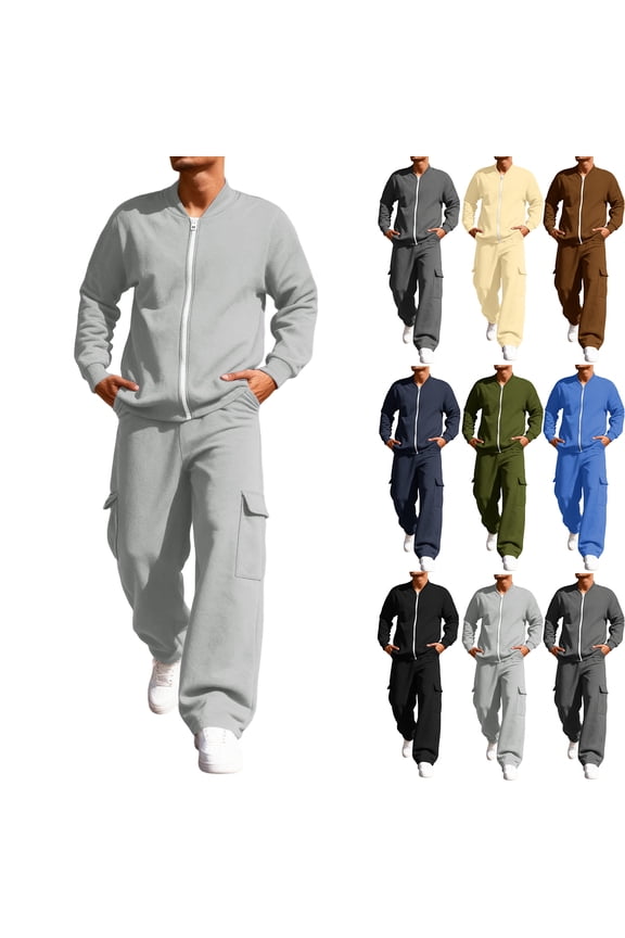 Men's Sweatshirt Suit 2 Piece Outfit Winter Fleece Zip Athletic Jacket and Cargo Sweatpants Elastic Waisted Straight Leg Sweatsuits Men