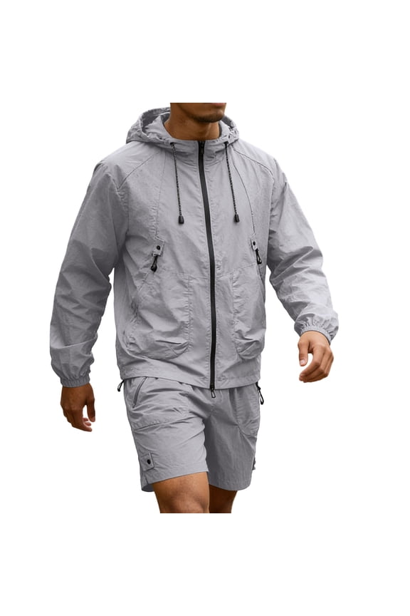 Men's Track Suits Sweatsuits 2 Piece Full Zip Men UPF 50+ UV Protection Hooded Jacket and Shorts Set Quick Dry Hiking Jogging Suits Gray XXXL