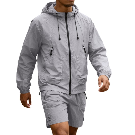 Hearthz Men's Track Suits Sweatsuits 2 Piece Full Zip Men UPF 50+ UV Protection Hooded Jacket and Shorts Set Quick Dry Hiking Jogging Suits Gray XXXL