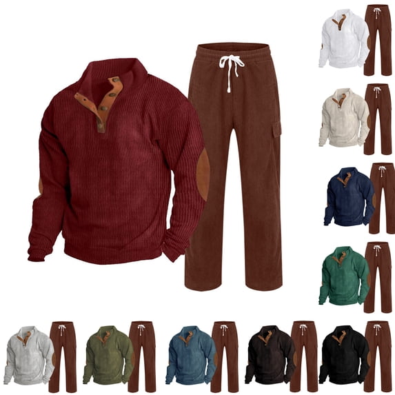 Hearthz Men's Tracksuit 2 Piece Sweatsuit Set Corduroy Button Elbow Patches + Straight Leg Cargo Pants Fall Winter Athletic Men's Sweatsuits 2 Piece Set